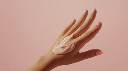 A close-up of a graceful hand applying a delicate cream on a soft pink background, highlighting the importance of skincare and self-care routines in beauty.の素材