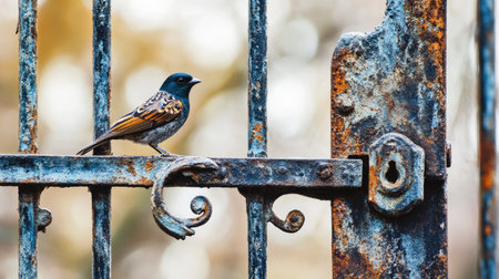 A tranquil bird sits gracefully on a rusty gate, showcasing vibrant feathers against a textured metal backdrop. The blurred natural setting enhances the serene vibe.の素材