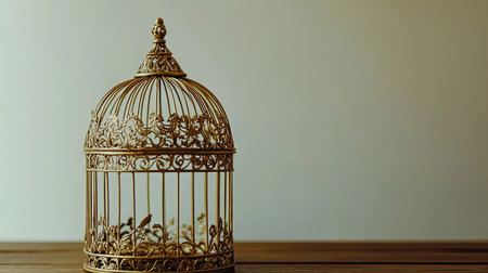 An intricately designed vintage birdcage sits elegantly on a wooden surface against a soft background. Ideal for artistic decor and minimalist themes.の素材