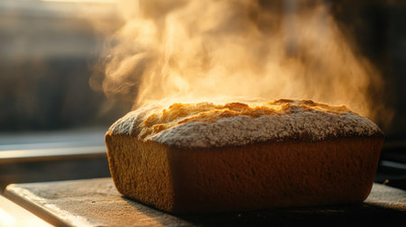 This image showcases a freshly baked loaf of bread sitting in a cozy kitchen, enveloped in warm steam and golden light, evoking comfort and culinary delight.の素材