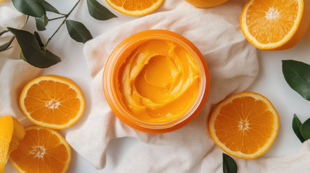 A vibrant image featuring a jar of fresh orange cream surrounded by lively orange slices and green leaves on a soft fabric backdrop, evoking freshness.の素材