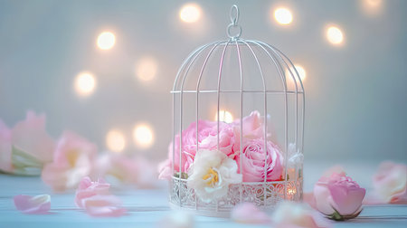 An enchanting composition featuring pink roses within a delicate white birdcage, surrounded by soft lighting and rose petals, creating a romantic atmosphere.の素材