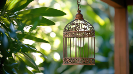 A vintage decorative bird cage hangs gracefully among lush green foliage, enhancing the serene atmosphere of a garden. The warm tones and soft light create an inviting ambiance, perfect for nature lovers and home decor enthusiasts seeking unique and elegant touches.の素材