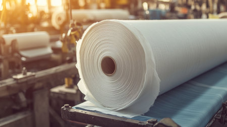 This image features a close-up view of a large white paper roll situated in a bustling fabric production environment, showcasing modern machinery and tools.の素材