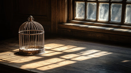 A vintage birdcage sits on a wooden table, illuminated by soft sunlight filtering through an antique window, creating tranquil shadows.の素材