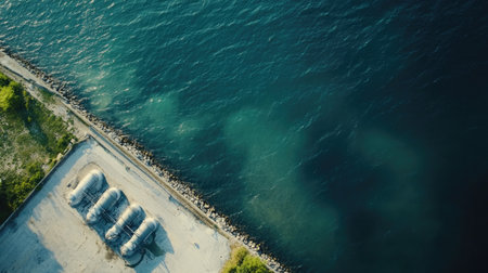 This aerial image captures a serene view of calm waters alongside a shoreline featuring concrete structures and natural greenery, reflecting tranquility.の素材