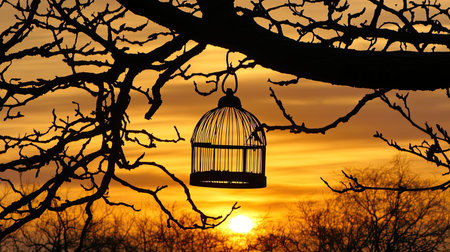 This mesmerizing image captures the silhouette of a birdcage hanging from a tree branch at sunset. The vibrant sky and tranquil atmosphere evoke feelings of freedom and reflection, making it a perfect representation of nature's beauty.の素材