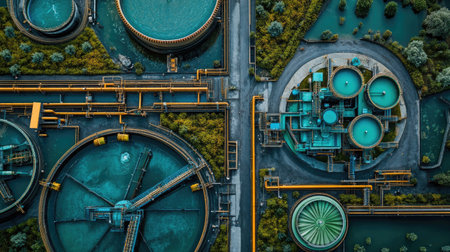 An impressive aerial shot showcasing a water treatment facility with circular tanks, surrounding greenery, and intricate piping, demonstrating modern engineering efficiency.の素材