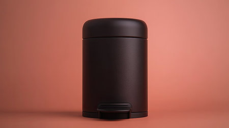 A sleek black trash bin featuring a convenient foot pedal, set against a soft coral background. Ideal for enhancing modern home interiors and promoting efficient waste management.の素材