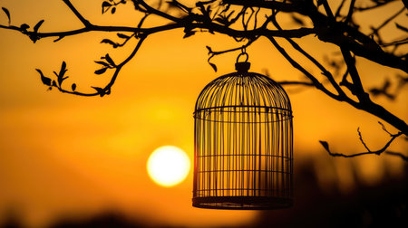 This stunning image showcases a delicate silhouette of a birdcage hanging from a branch against a vibrant sunset sky, evoking feelings of tranquility and freedom.の素材
