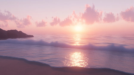 A breathtaking sunset scene featuring soft pink hues across the sky and gentle waves lapping at a tranquil beach, evoking feelings of peace and relaxation.の素材
