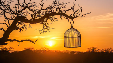An empty birdcage hangs from a gnarled branch, silhouetted against a breathtaking sunrise. The vibrant orange and yellow hues evoke feelings of peace and freedom.の素材