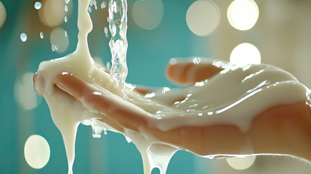 A captivating close-up image of creamy liquid pouring from a hand, set against a dreamy bokeh background. The scene evokes beauty, wellness, and elegance.の素材