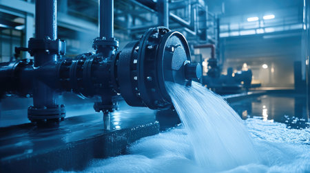 This image captures the dynamic flow of water from a pipe in an industrial setting, showcasing advanced machinery and a well-lit environment.の素材