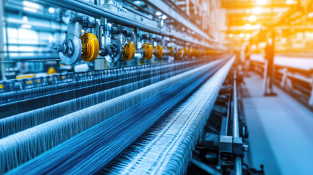 A dynamic view of modern textile machinery in operation, showcasing spools and threads in a well-lit factory environment, highlighting industrial efficiency.の素材