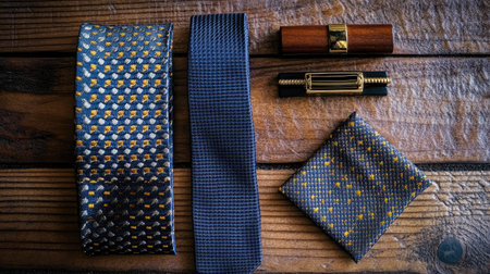 This image showcases an elegant selection of ties and accessories strategically arranged on a rustic wooden surface, highlighting texture and sophistication.の素材