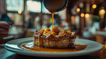 A mouthwatering apple tart topped with caramel sauce, set in a warm cafe environment. Perfect for food lovers seeking a cozy dessert experience.の素材