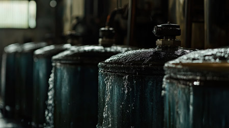 This image depicts an industrial water filtration process featuring containers with water flowing in a dimly lit environment, showcasing technology and machinery.の素材