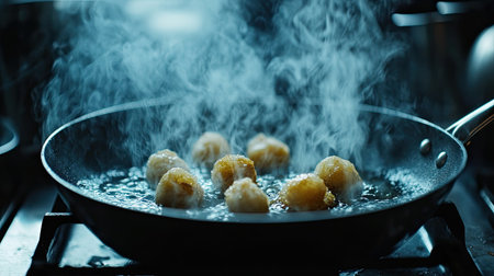 A dynamic kitchen scene capturing the process of frying golden brown food balls in hot oil, with steam rising, creating a mouthwatering atmosphere.の素材