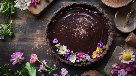 A beautifully crafted chocolate tart is adorned with vibrant flowers, creating an enchanting culinary scene that captures the essence of gourmet elegance.の素材