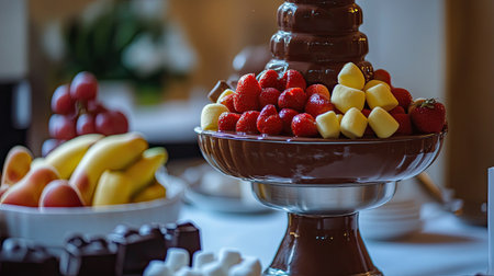 Delight in a stunning chocolate fountain, elegantly surrounded by fresh fruits and assorted sweet treats, perfect for any festive occasion or gathering.の素材