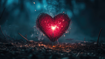 A captivating heart-shaped nest emits a warm, sparkling light against a dark forest backdrop, symbolizing love and emotional connection in nature.の素材
