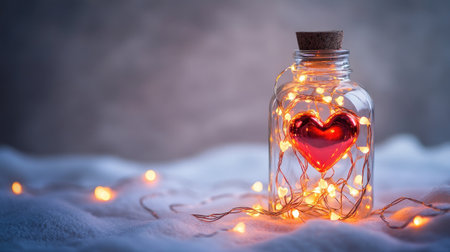 A captivating heart-shaped ornament inside a glass jar illuminated by soft fairy lights, creating a romantic and cozy atmosphere perfect for celebrations.の素材