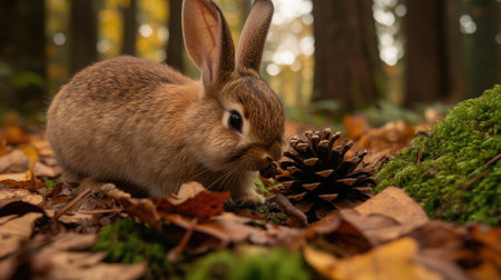 A delightful brown rabbit is seen peacefully exploring the forest floor, surrounded by vibrant autumn leaves and a pine cone, highlighting nature's beauty.の素材