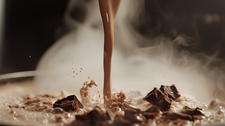 A captivating scene of rich chocolate sauce being poured into a creamy mixture, evoking warmth and sweetness. Steam rises as cocoa crumbles float, creating an indulgent dessert atmosphere.の素材