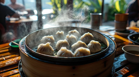 A beautiful display of freshly steamed dumplings in a bamboo basket, served in a bright and inviting restaurant setting with steam rising, creating an appetizing atmosphere perfect for food lovers.の素材