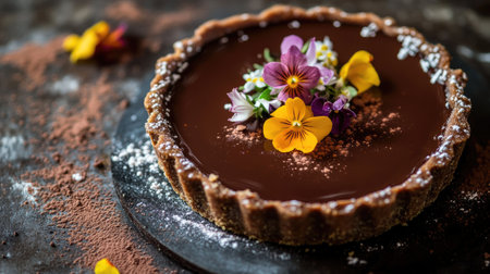 A stunning chocolate tart topped with vibrant edible flowers and dusted with cocoa powder, perfectly placed on a dark rustic surface for a mouthwatering display.の素材