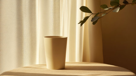A beautiful minimalist vase rests on a table, basking in soft sunlight filtering through sheer curtains, evoking a serene and cozy atmosphere for any interior space.の素材
