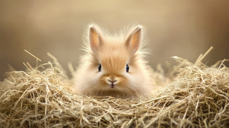 A charming fluffy rabbit rests in a bed of hay, showcasing its cute features against a warm, soft background. Ideal for nature lovers and animal enthusiasts.の素材