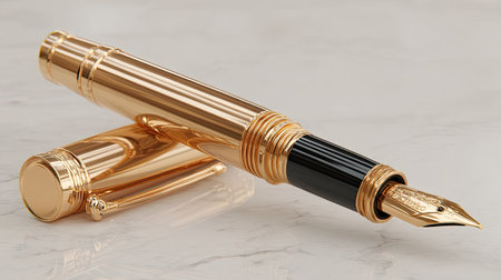 This stunning golden fountain pen, set against a sleek marble backdrop, embodies luxury and elegance, perfect for sophisticated writing and gifting.の素材
