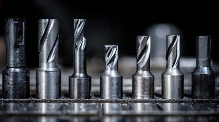 This image showcases an array of metal cutting tools with varied designs and sizes, highlighting their unique shapes against an industrial background.の素材