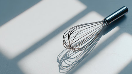A sleek metal whisk elegantly positioned on a light surface, creating captivating shadows that highlight its design. Perfect for culinary-themed projects.の素材