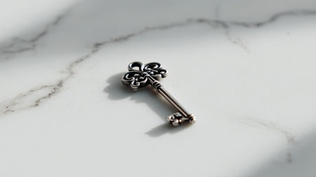 A beautifully detailed vintage key lies on a smooth marble surface, capturing soft natural light and creating intricate shadows, perfect for artistic projects.の素材