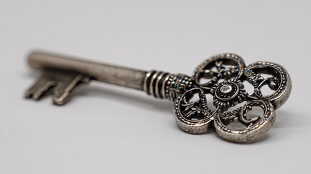 This captivating photograph showcases an intricate vintage key with an ornate design, perfect for themes of history, elegance, and mystery.の素材