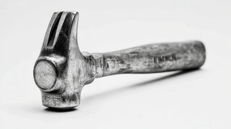 A detailed close-up of a vintage metal hammer featuring its claw and wooden handle, set against a clean white background, ideal for design projects.の素材