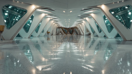 This image showcases a striking modern architectural interior featuring a reflective floor and unique structural design. The inviting space embodies futuristic elements and minimalistic aesthetics.の素材