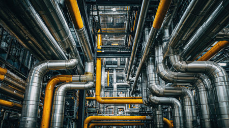 A stunning view of a complex network of metallic pipes and structures in an industrial environment, showcasing yellow and blue accents and intricate design.の素材