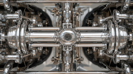 This close-up image captures the intricate details of modern industrial pipes and valves with a chrome finish, perfect for engineering and technology projects.の素材