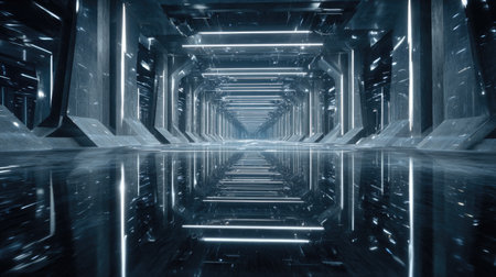 A stunning futuristic corridor featuring a highly reflective floor and bright neon lights. The sleek design creates a sense of depth and immersion, perfect for sci-fi themes.の素材