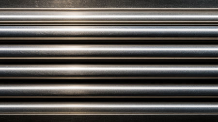 This image showcases a series of sleek silver metal bars arranged in parallel, creating a modern and industrial feel. The reflective surface enhances the light interplay, adding depth.の素材