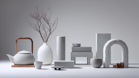 This image showcases a striking minimalist arrangement featuring a white ceramic teapot, various vases, and sculptural elements, enhanced by branches. The composition emphasizes simplicity, elegance, and modern design, perfect for inspiration in home decor.の素材