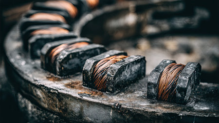This close-up image showcases a textured metallic surface featuring copper wires, ideal for industrial and technological themes related to machinery.の素材