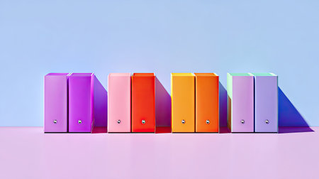 A vibrant display of colorful office binders arranged neatly on a pastel background, ideal for promoting organization, creativity, and modern workspace aesthetics.の素材