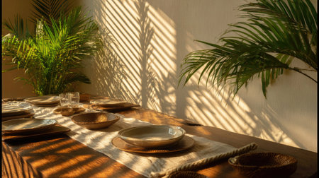 A cozy dining setup featuring a beautifully arranged wooden table, adorned with elegant plates and cutlery, basking in warm natural light and playful shadows.の素材