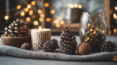 A serene winter decoration featuring natural pine cones, a cozy candle, and warm fairy lights creates an inviting ambiance perfect for seasonal gatherings.の素材