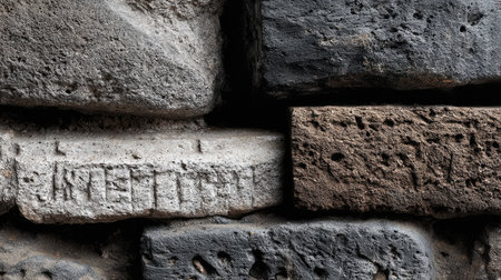 Close-up view of an ancient stone wall showcasing intricate textures and inscriptions, highlighting historical craftsmanship and natural materials.の素材